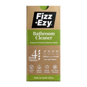 Fizz-Ezy Bathroom Cleaning tablets in packaging. 4 Tabs per box